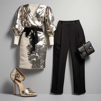 Paper Bag Pants with Heeled Booties and Sequins 