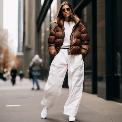 White Sneakers and Puffer Jackets  with Paper Bag Pants