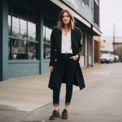 How to style a Black Peacoat with Brown Shoes?