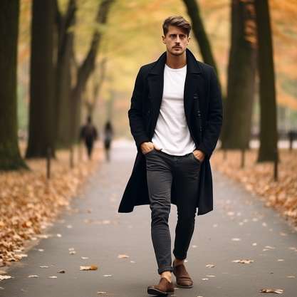 Wear a Black Peacoat with Brown Shoes For Men