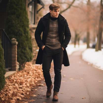 How to style Black Peacoat With Brown Shoes