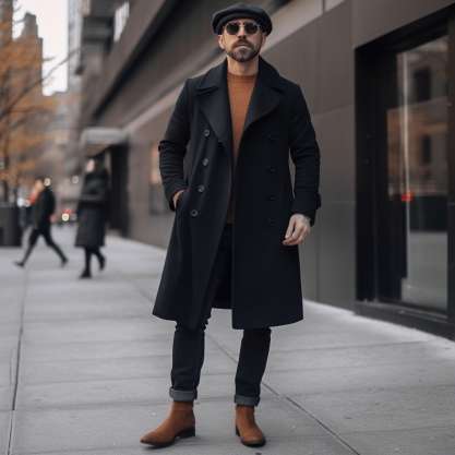 Black Peacoat With Brown Shoes
