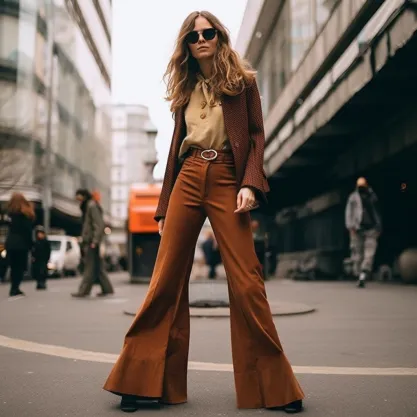 Brown Flared Pants and Stylish Black Ankle Boots