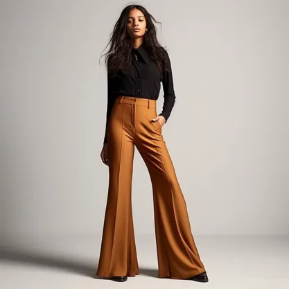 Wear Brown Pants with Black Shoes: Brown Wide-Leg Pants and Black Ankle Boots