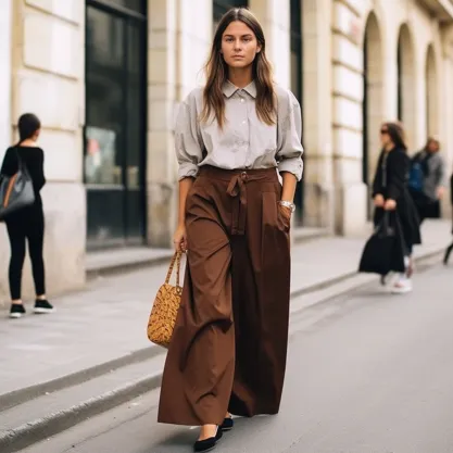 How to style Brown Pants with Black Shoes: Brown Wide-Leg Trousers and Sleek Black Sandals