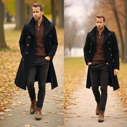 Black Peacoat With Brown Shoes for men