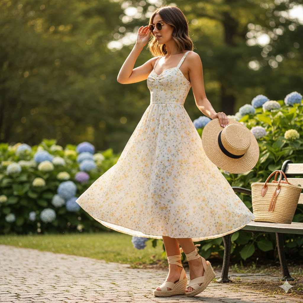 1. Flowy Summer Dress with Espadrille Wedges