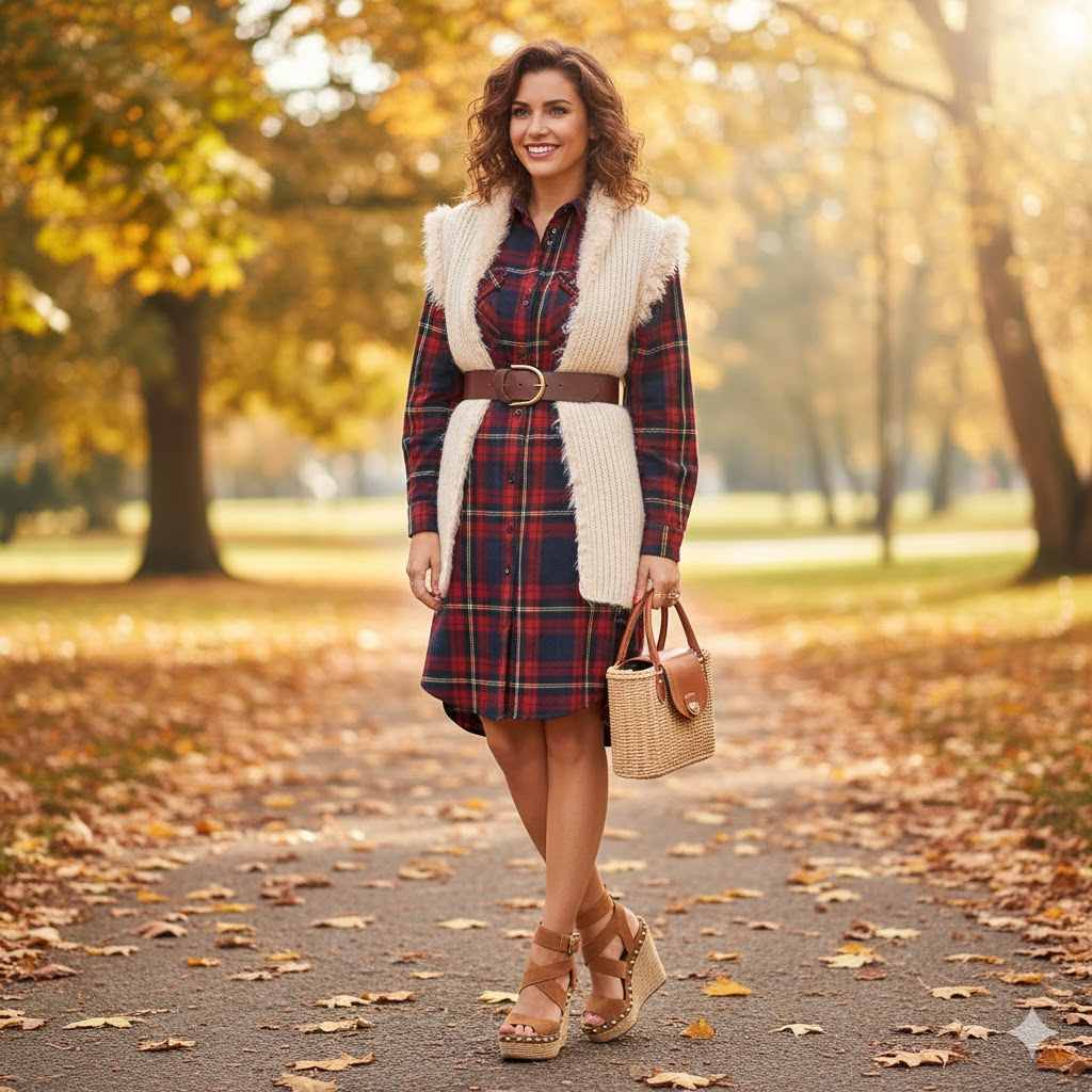 14. Plaid Outfit with Mid Height Wedges