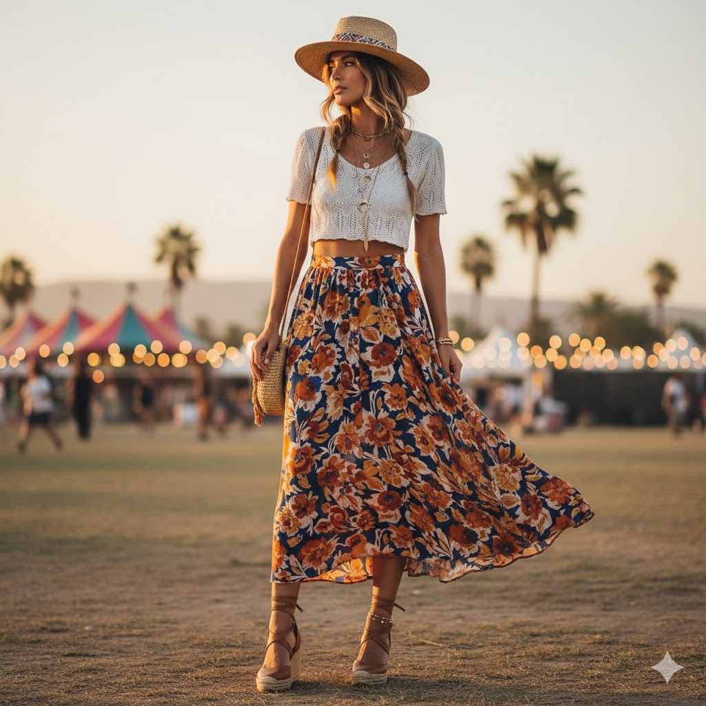3. Maxi Skirt and Crop Top with Ankle Strap Wedges