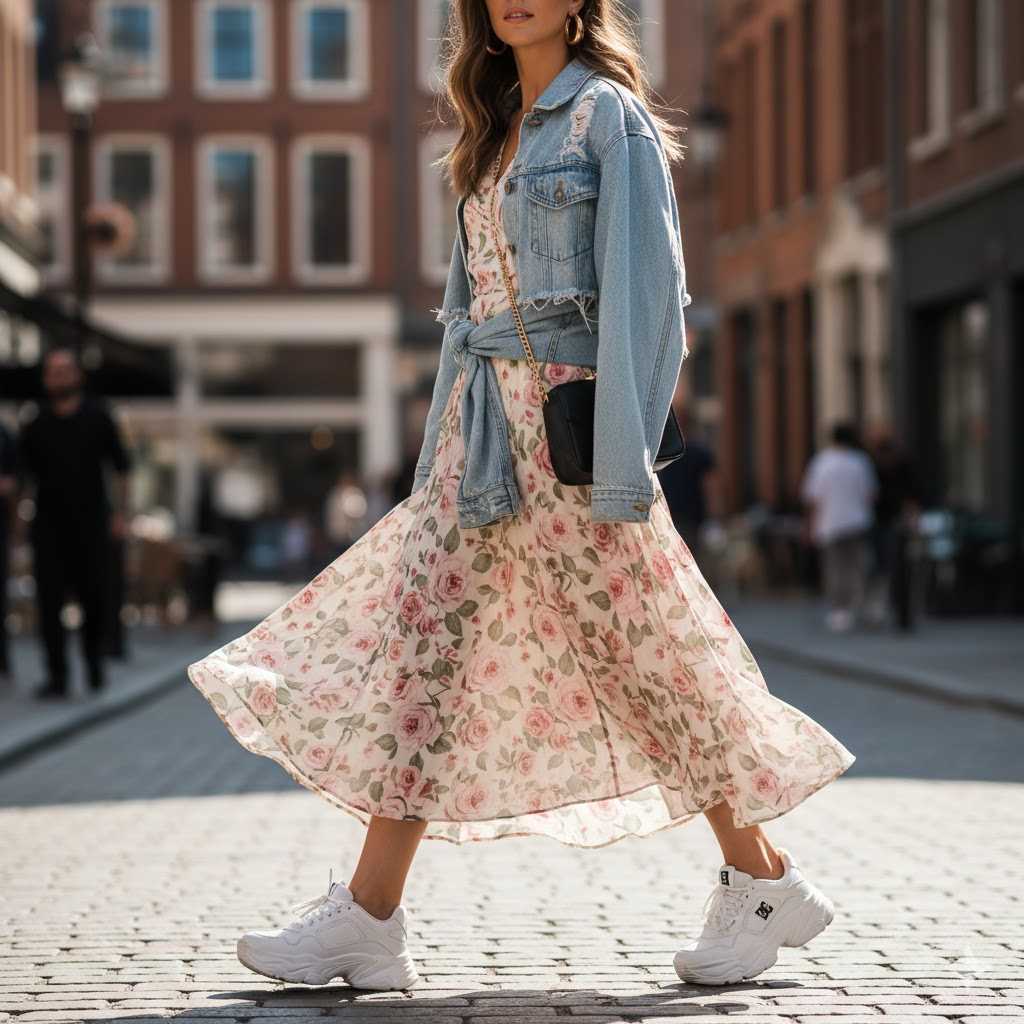 4. Flowy Midi Dress Denim Jacket DC Chunky Soles