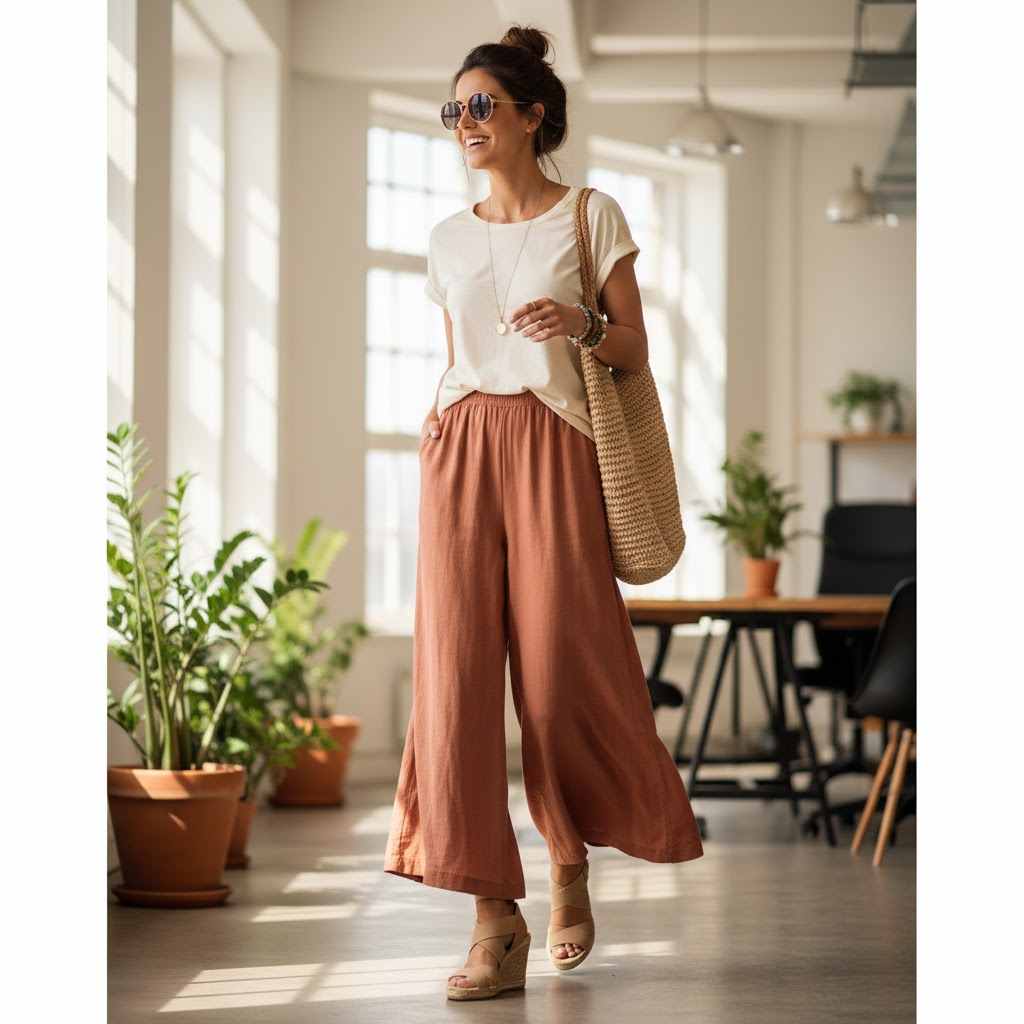 5. Palazzo Pants with Wedges for Flowy Comfort