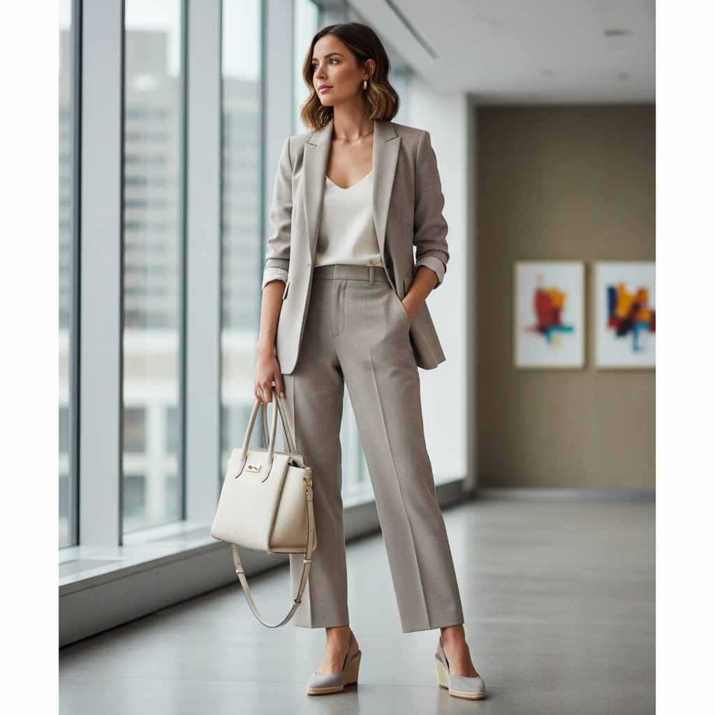 9. Business Trousers and Blazer with Slingback Wedges