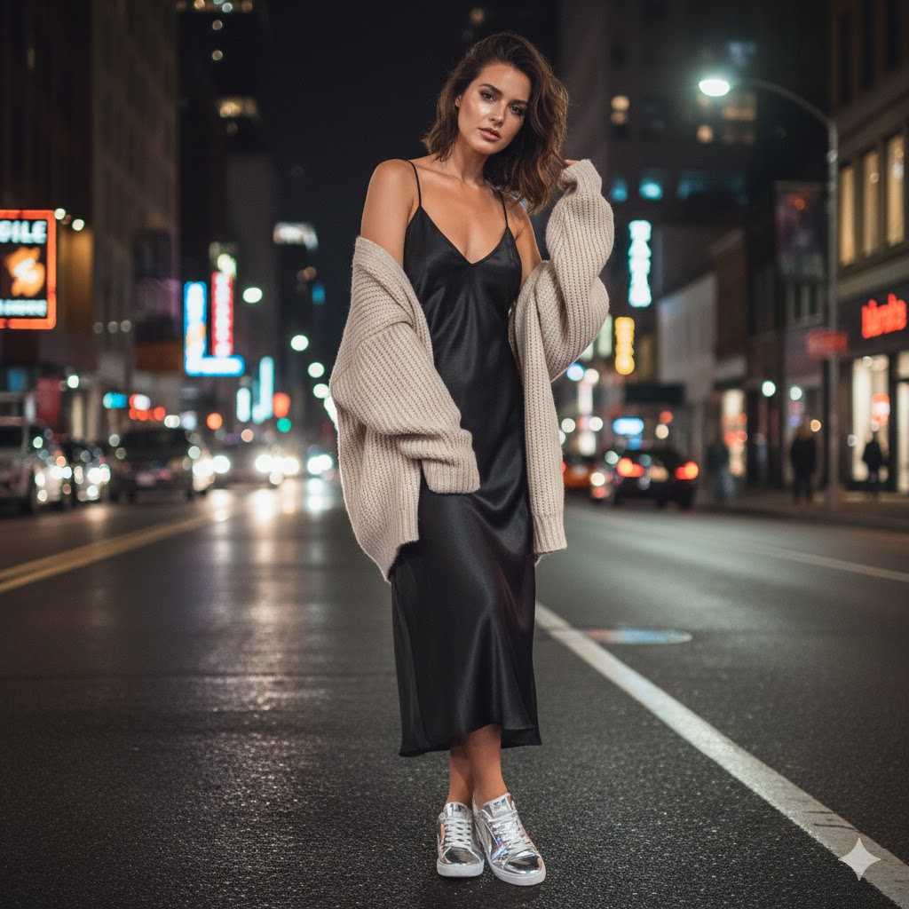 9. Slip Dress Cardigan DC Metallic Sneakers